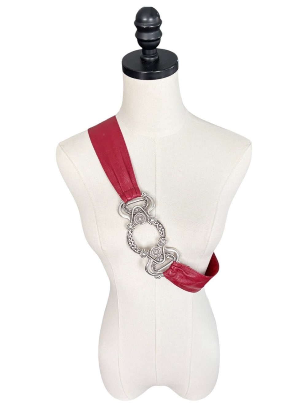 Chico’s Red Leather Wide Statement elasticized waist Belt Silver Buckle | XL